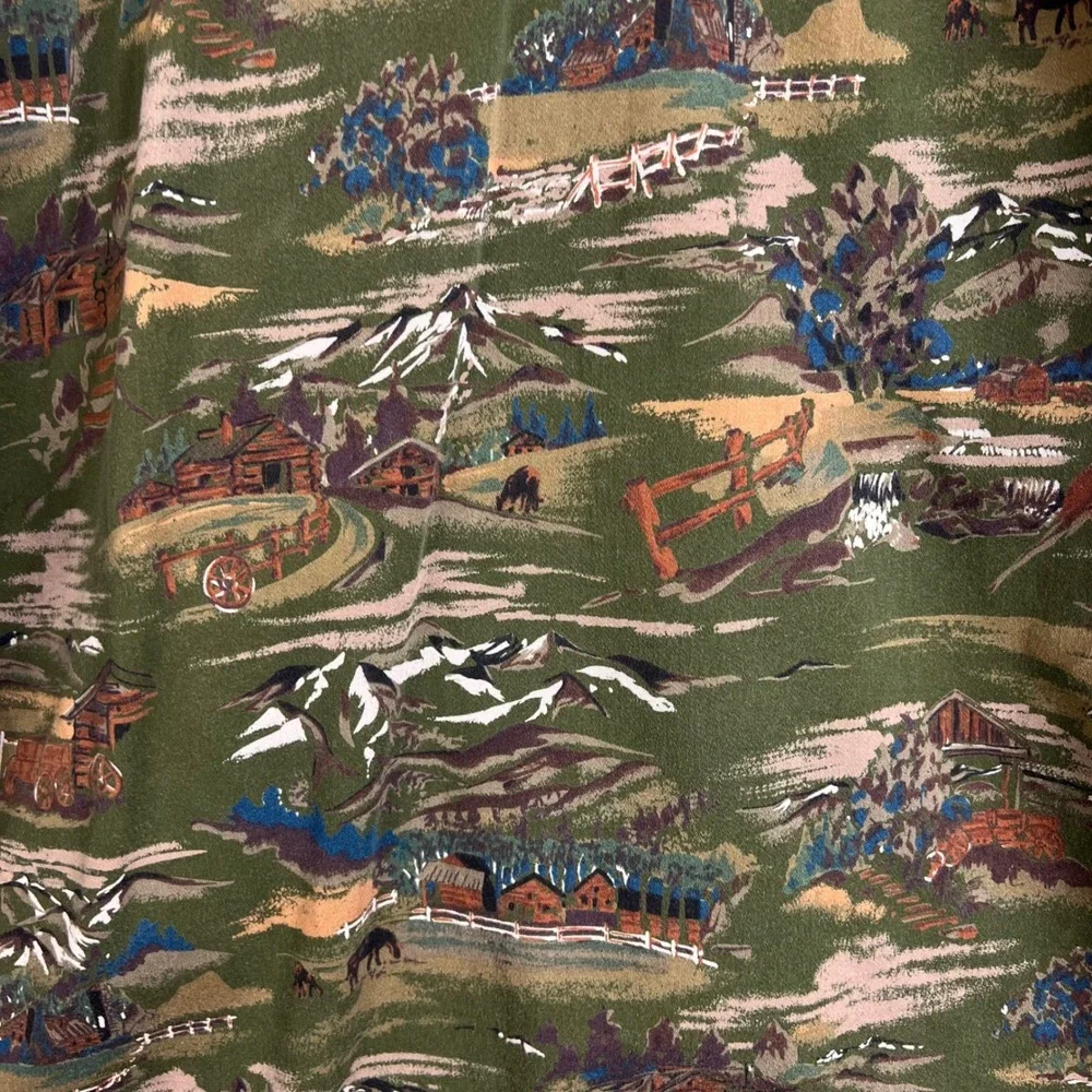VINTAGE Banana Republic Button Down Mens M Green Scenic Cabin Print Cotton